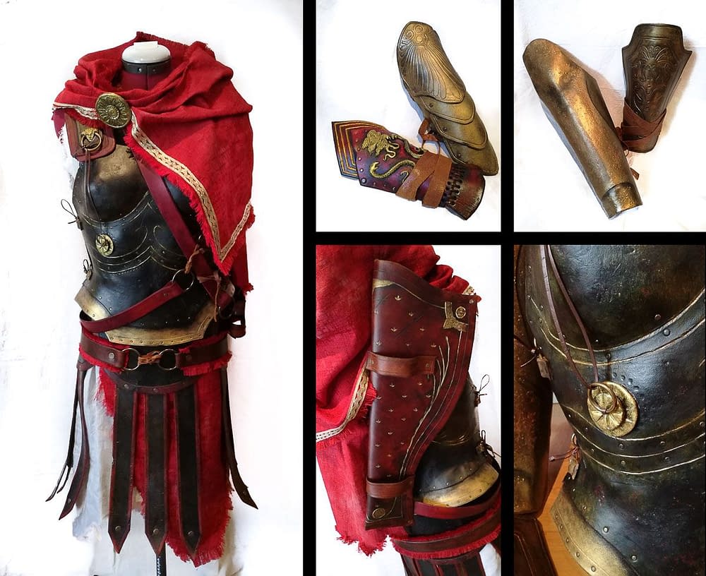 Riproduzione del costume di Kassandra da Assassin's Creed Odyssey. Realizzato in cuoio con elementi in stoffa, fimo e metallo. Creato su misura. Non sono comprese armi ed elmo.